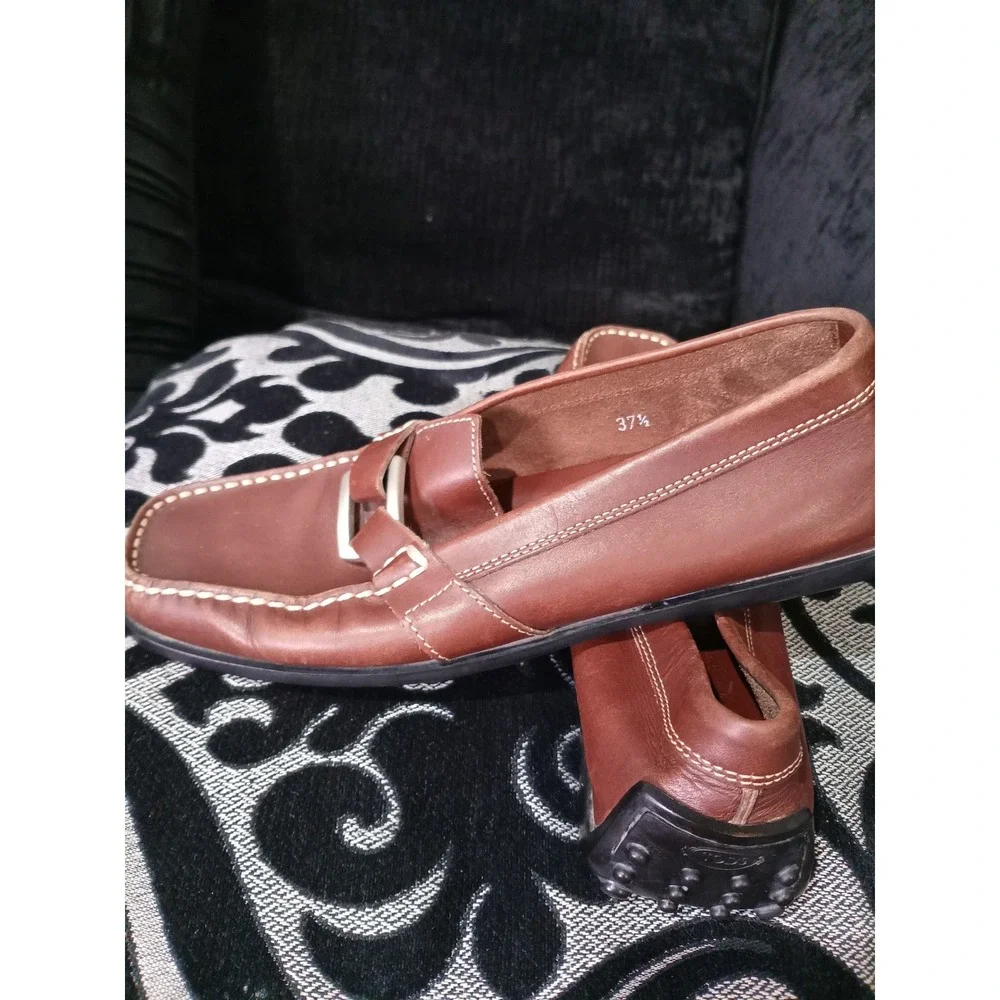 Tods Brown Leather Gommino Driving Loafers Buckle Shoes Womens Made in Italy